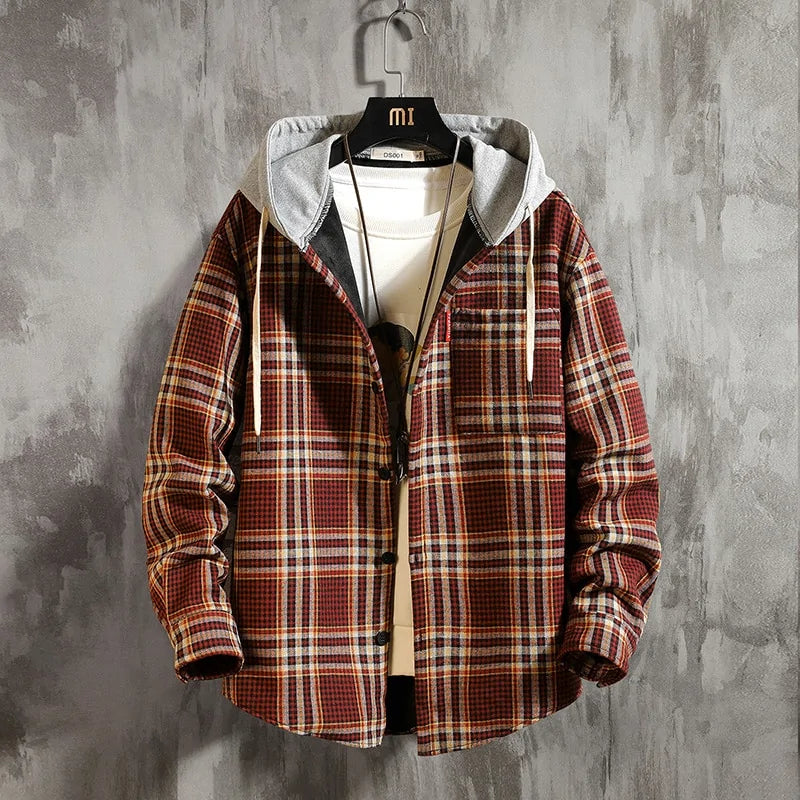 Men's Fashion Plaid Full Zip Hooded Jacket